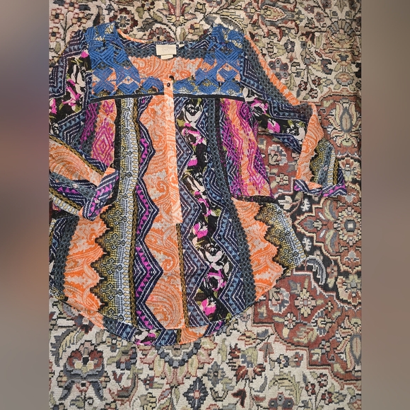 Anthropologie Vanessa Virginia Boho 3/4 Sleeve Multicolor Blouse Sz 2 - Picture 1 of 3